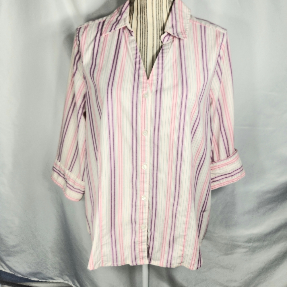 Studio Works Wrinkle Free White Pink Purple Stripe V Neck Top Plus Size 1X